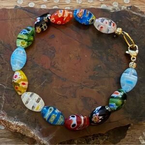 Unique Rimmedoval Shaped Millefiori Floral Beaded Bracelet W/ Lobster Claw Clasp
